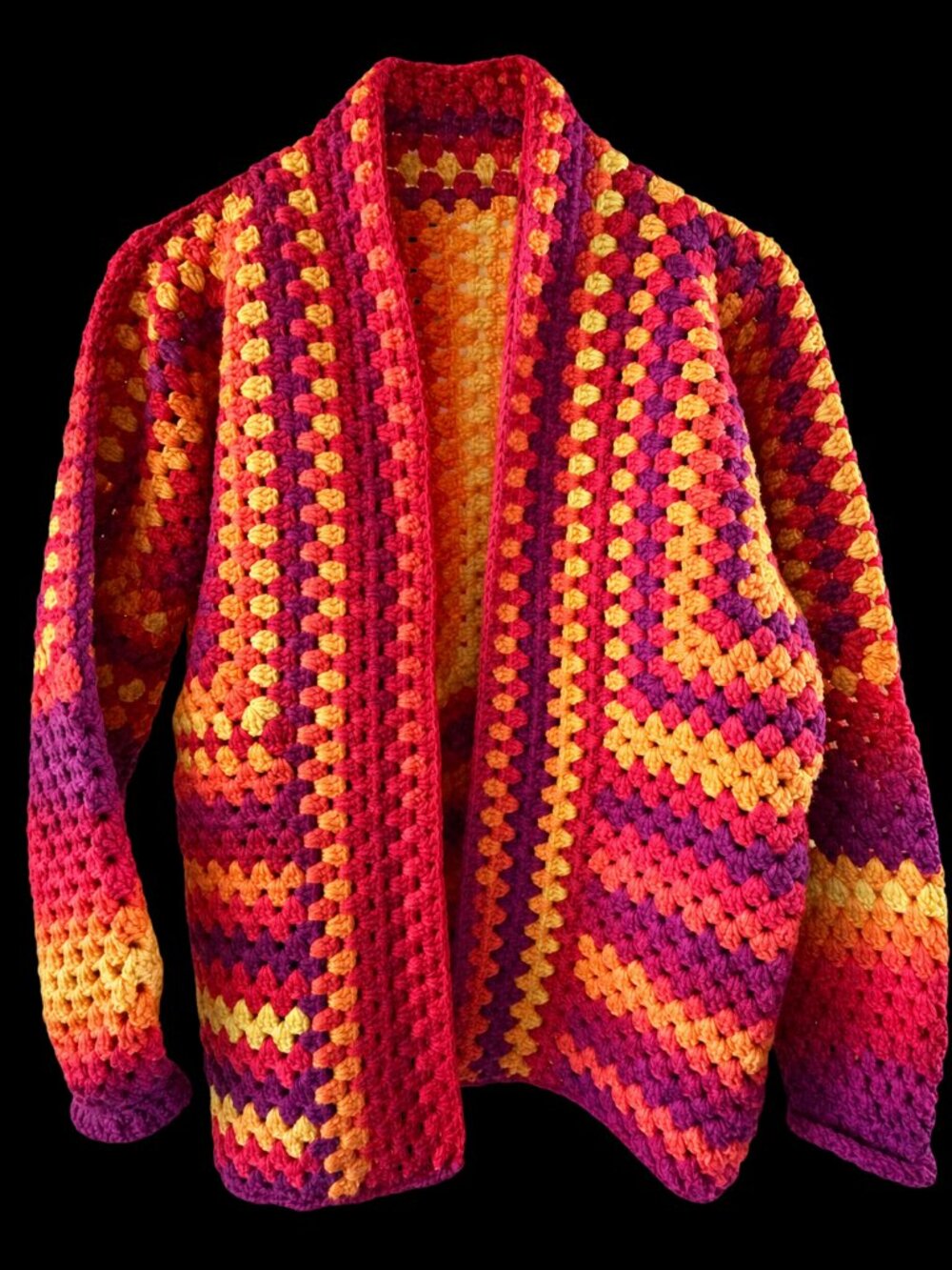 NEW-Never Worn-Colorful Crochet Granny Square Open-Front Cardigan